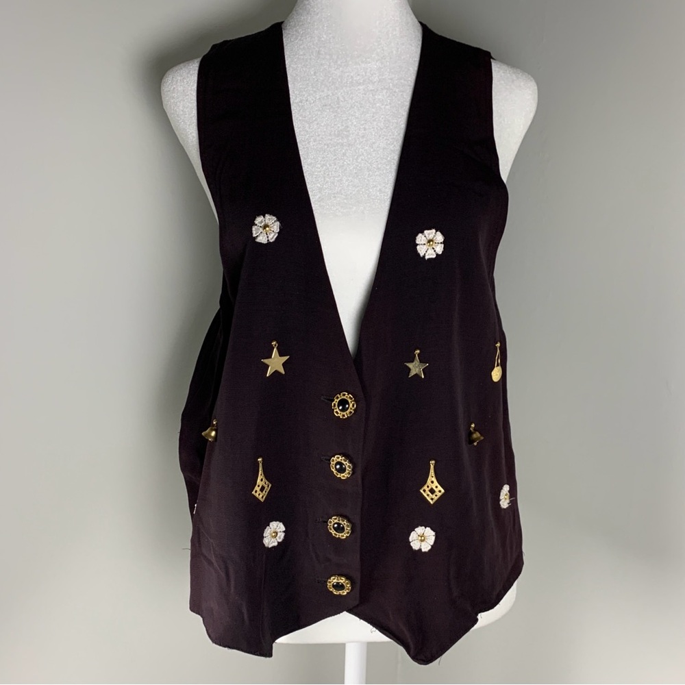 Vintage Brown Deep V Vest W/ Gold Charms Bells, Fits Large Women 4 Button